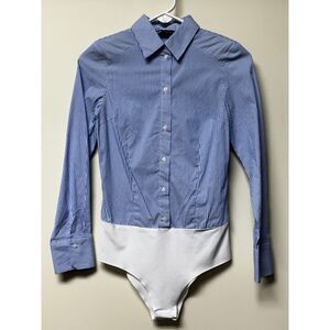 NWOT - ZARA Classic Blue/White Striped Button Up Long Sleeve Bodysuit, Sz XS